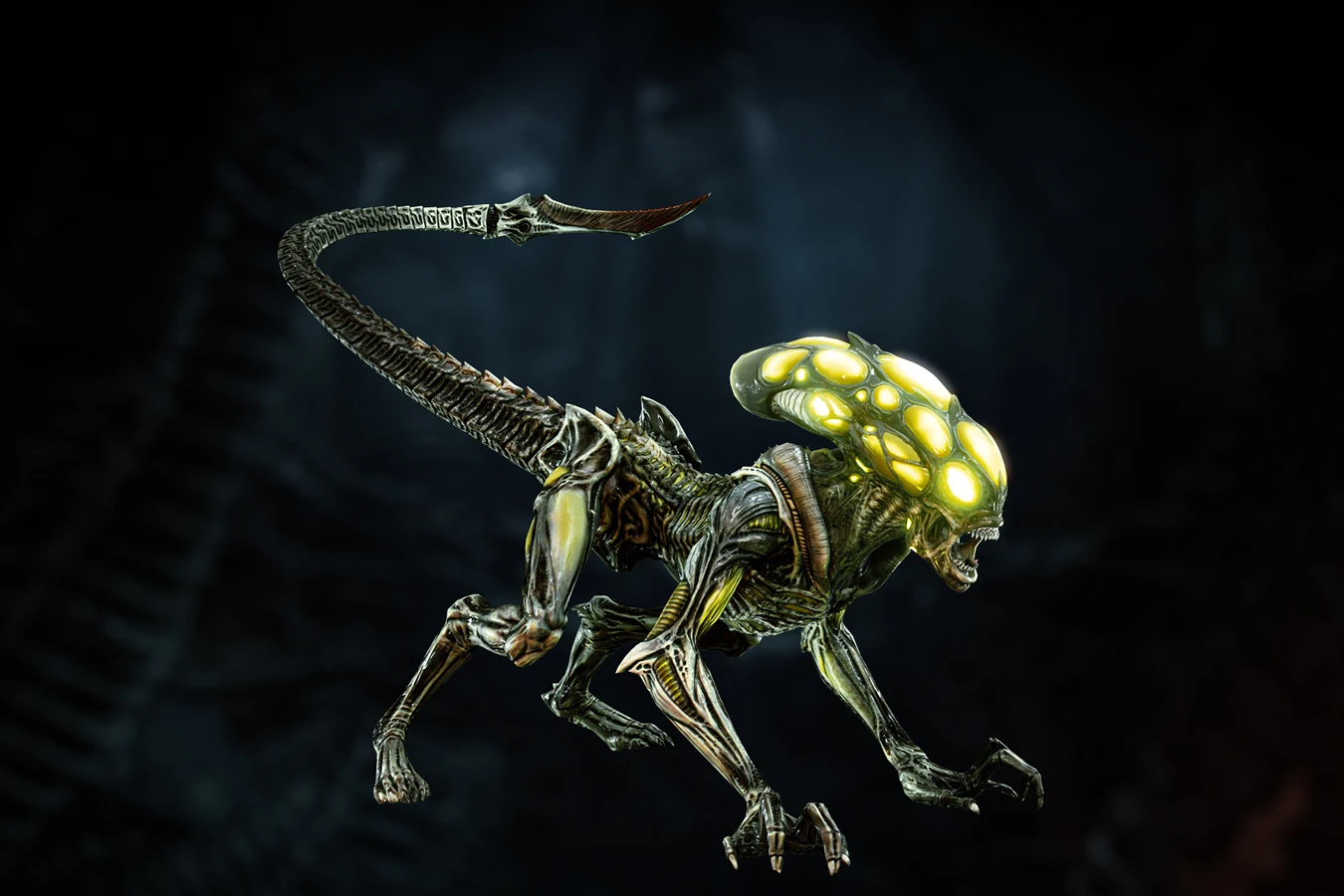 A Burster Xenomorph from Aliens Fireteam Elite with glowing cysts on its head
