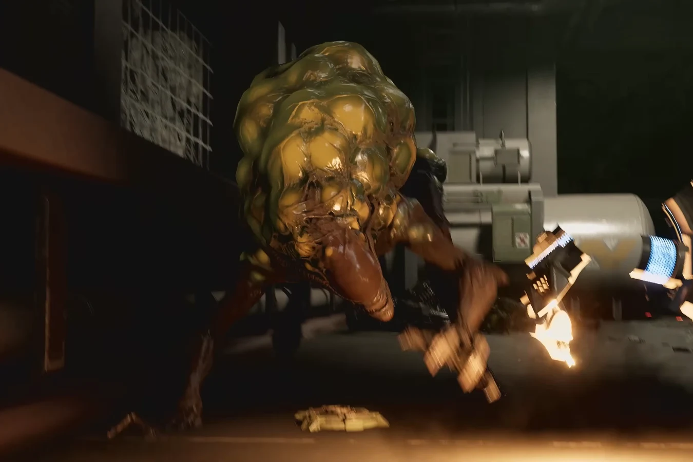 Exploder Xenomorph lunging through a Weyland-Yutani corridor with its back sac glowing in Aliens Fireteam Elite 2