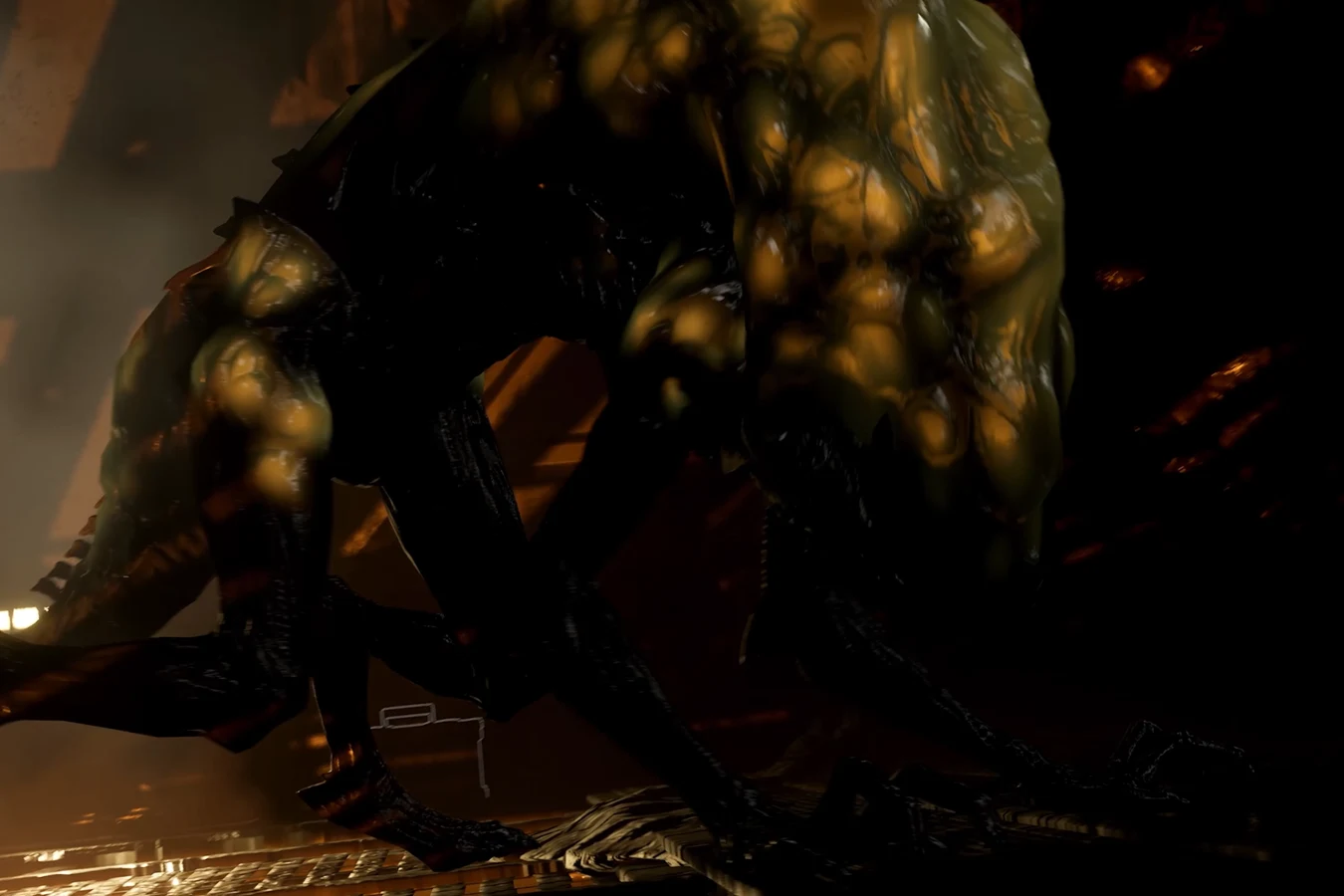 Exploder Xenomorph with a swollen yellow-green back sac in a dark industrial bay in Aliens Fireteam Elite 2