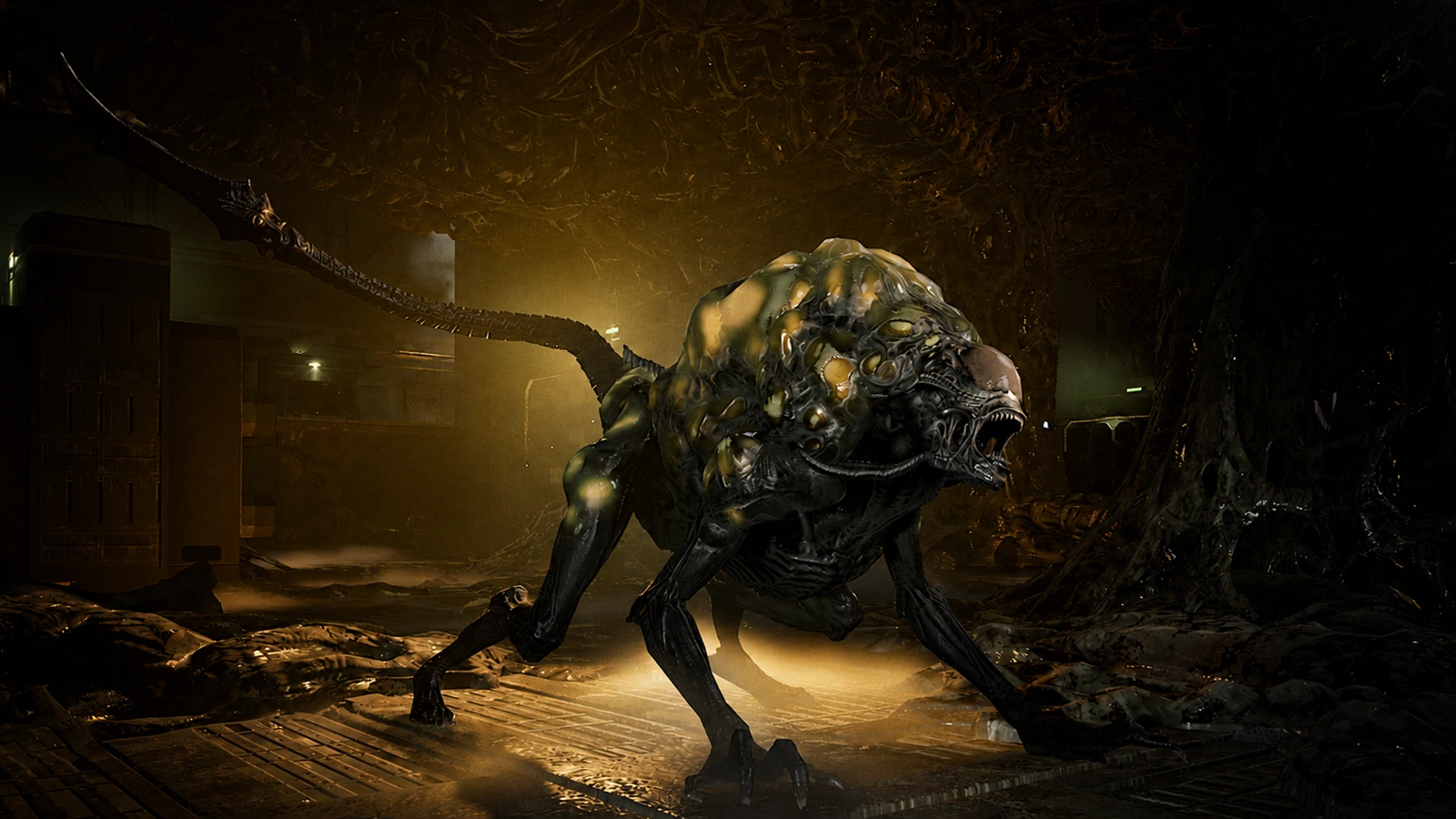 Exploder Xenomorph crouched in a hive corridor in Aliens Fireteam Elite 2