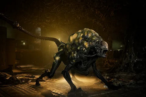 Exploder Xenomorph crouched in a hive corridor in Aliens Fireteam Elite 2