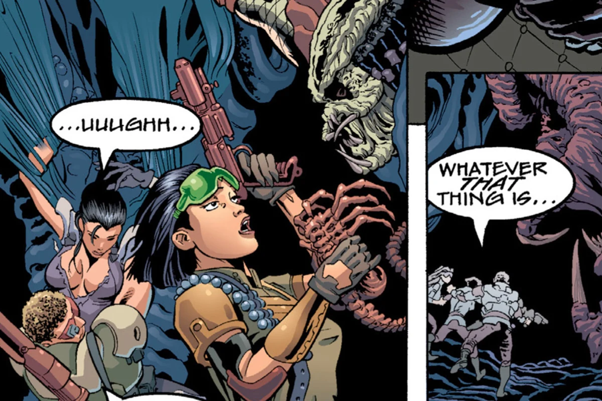 A crew member holding a Facehugger in front of a Yautja hunter in Aliens vs. Predator: Hell-Bent