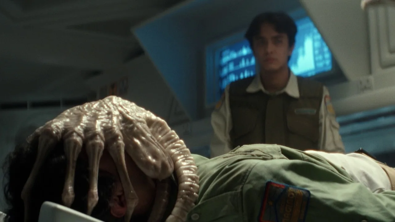 Facehugger attached to a human host in Alien: Earth