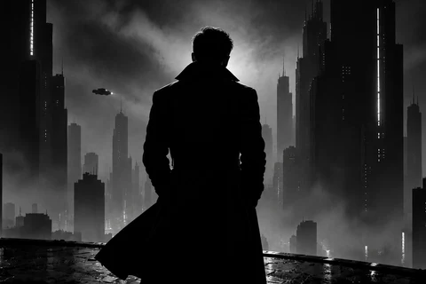 A man in a long coat, seen from behind, overlooking a rainy futuristic city at night
