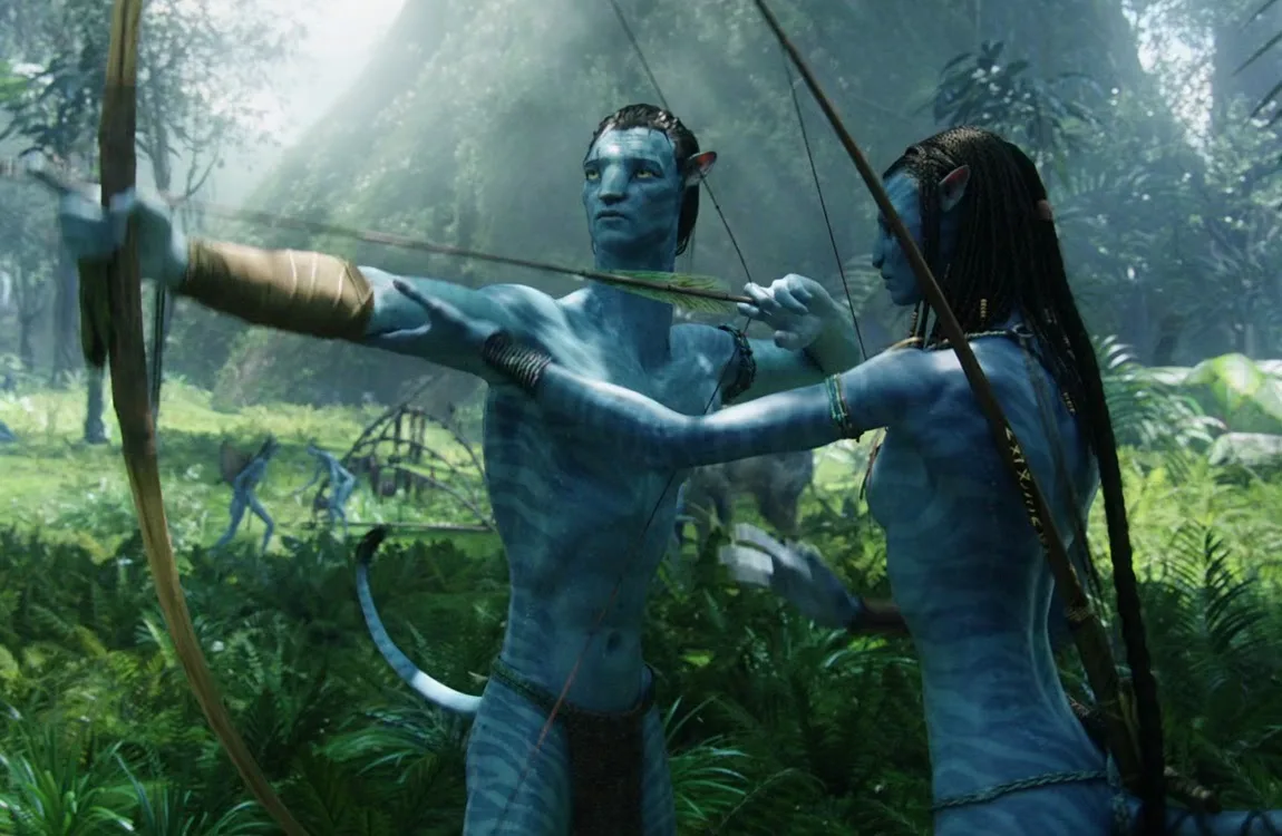 Female Na'vi appearance showing blue skin, yellow eyes, and long braided hair