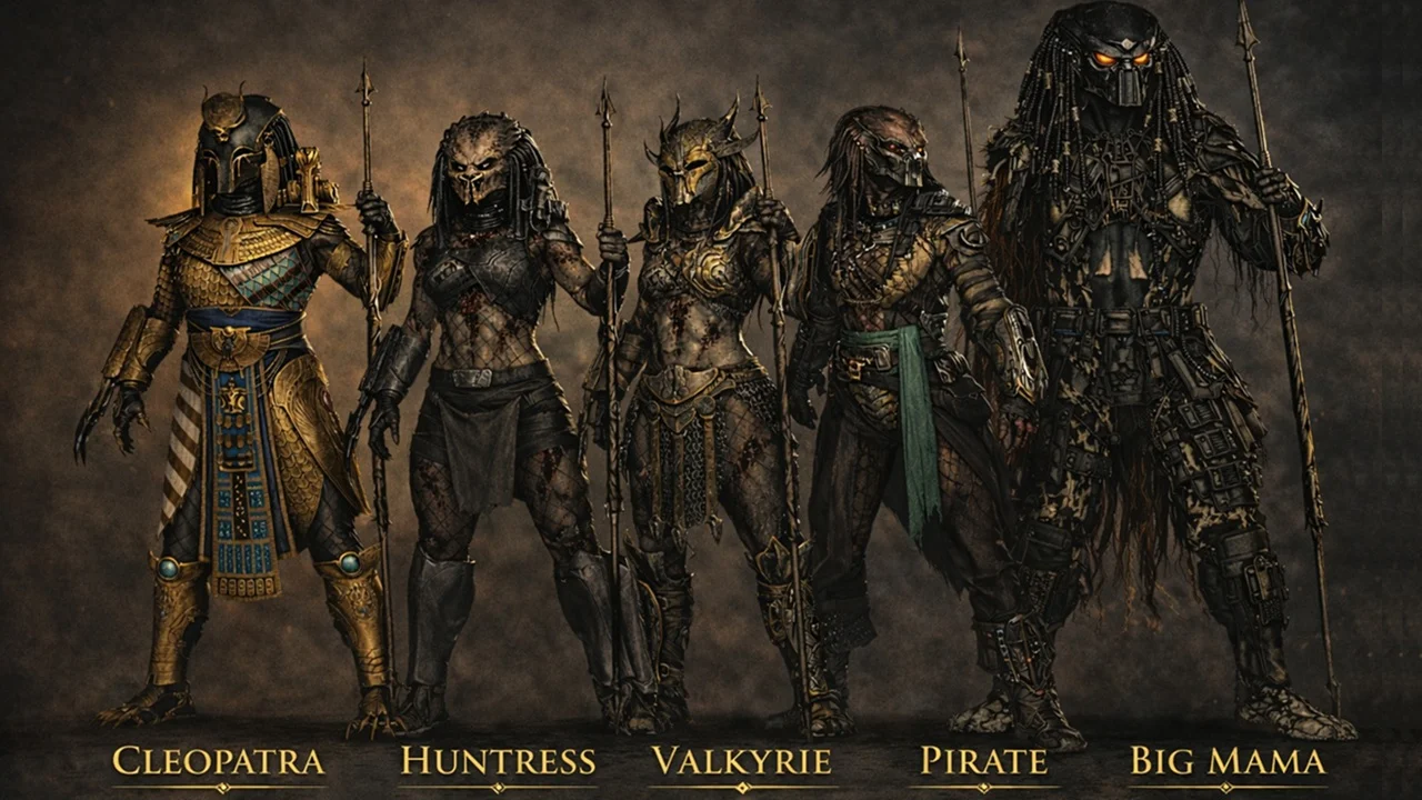 A group of Female Yautja standing side-by-side, including Big Mama