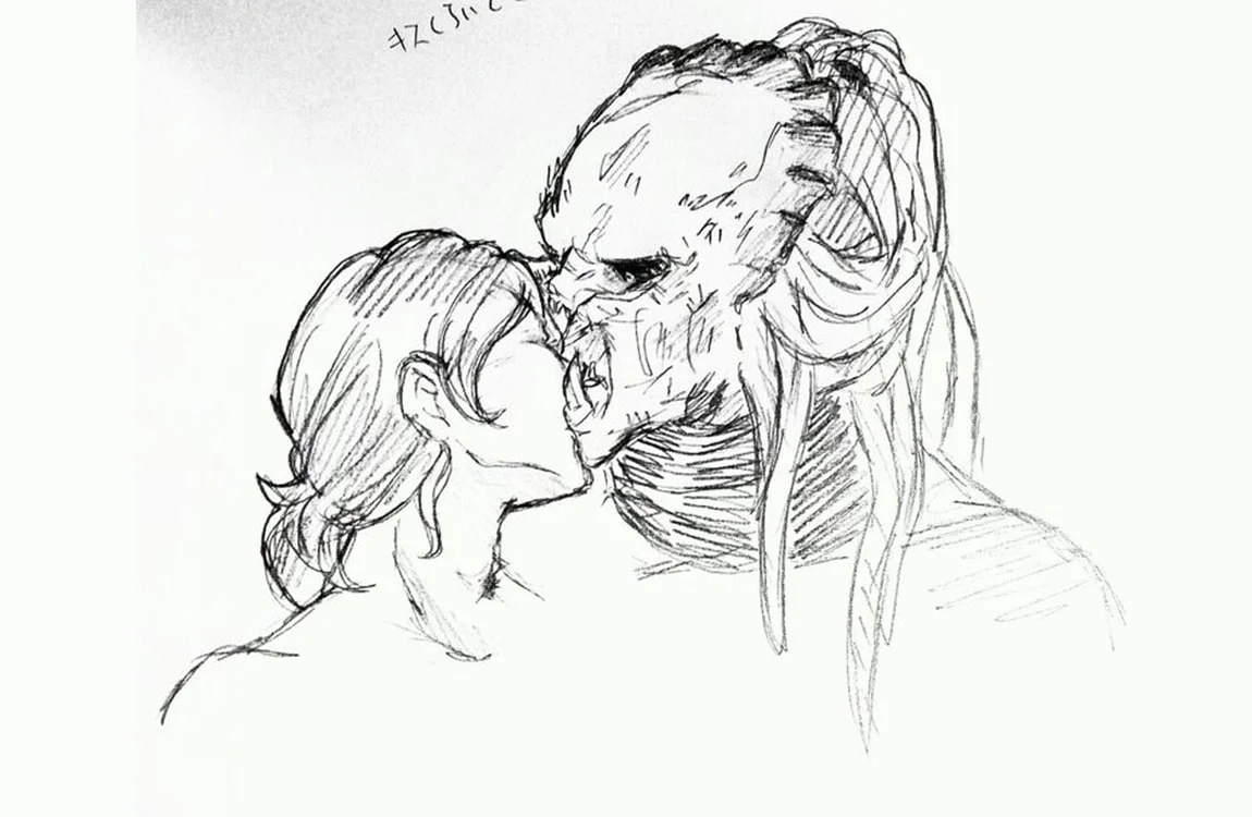 A Predator kissing a human