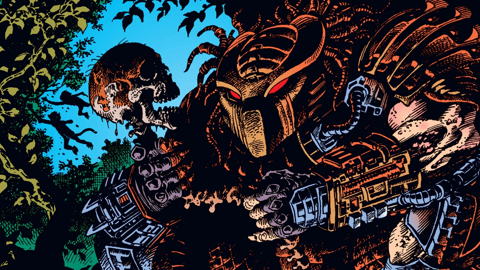 Enrique Alcatena's art of the masked Forest Devil raising a bloody human skull among jungle trees