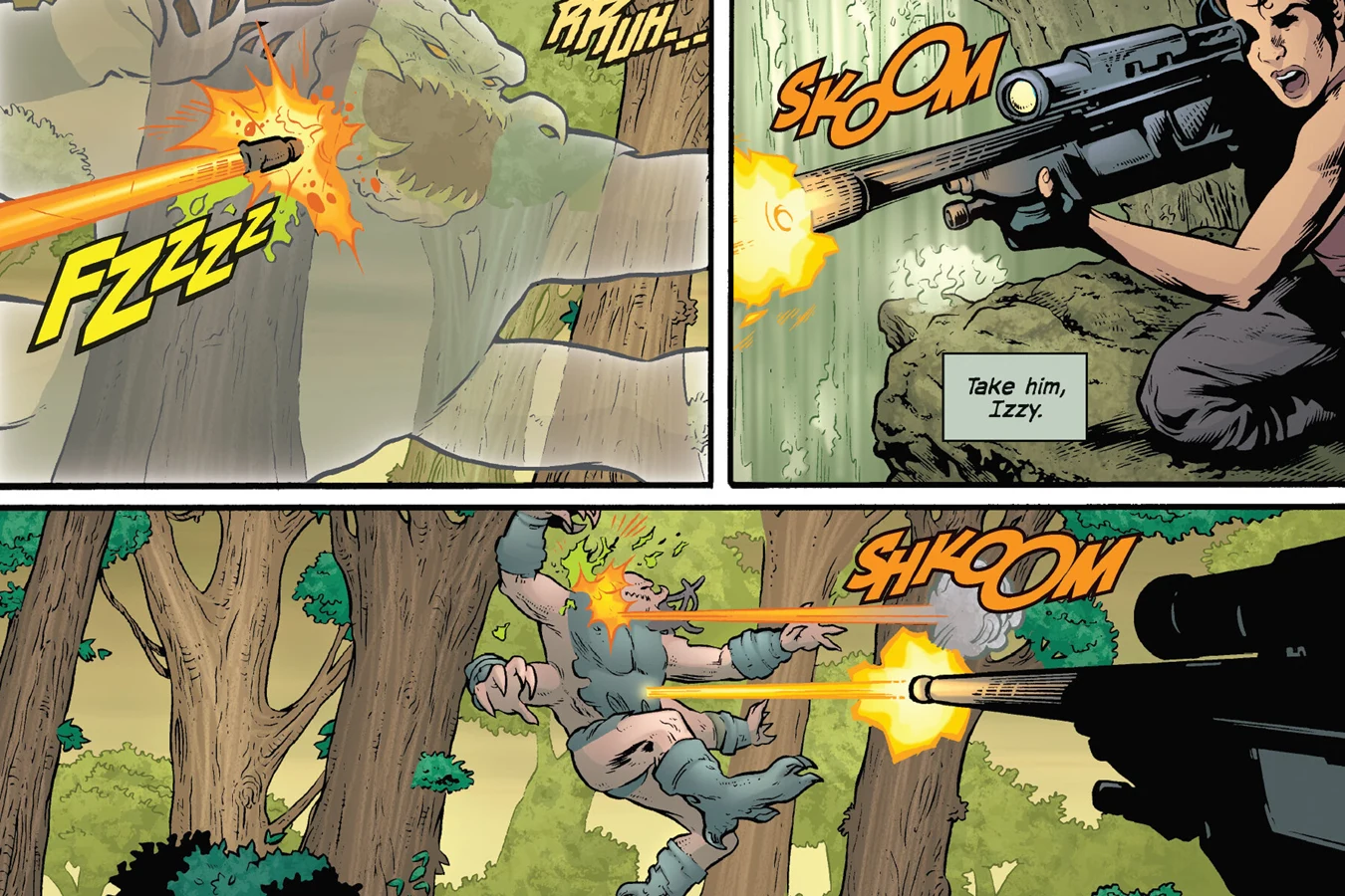 The Four-Armed Predator falls dead in the clearing after Isabelle's sniper shots