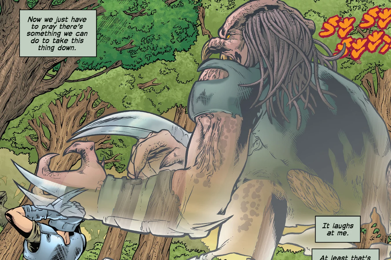 A cloaked Four-Armed Predator looms over Royce in scavenged armor among the trees as he braces with wrist blades