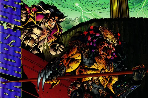 Doug Wheatley and Mark Farmer's cover for Agents of Law #6, the Predator crouching on a rooftop ledge as Law leaps at it beneath the Citadel Tower