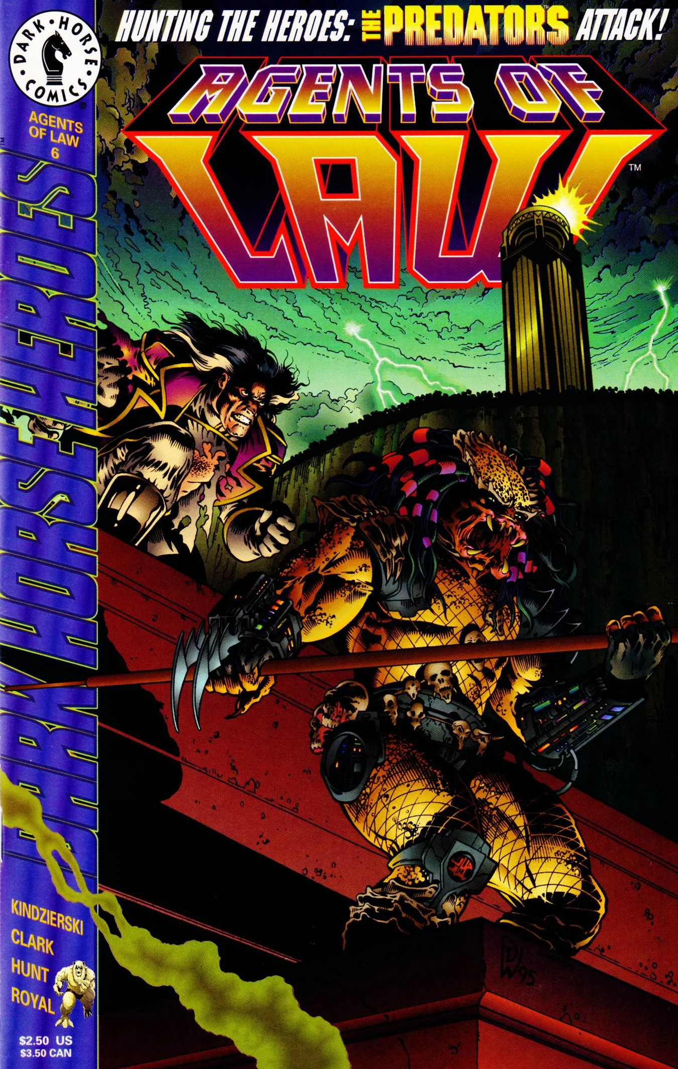 Doug Wheatley and Mark Farmer's cover for Agents of Law #6, the Predator crouching on a rooftop ledge as Law leaps at it beneath the Citadel Tower