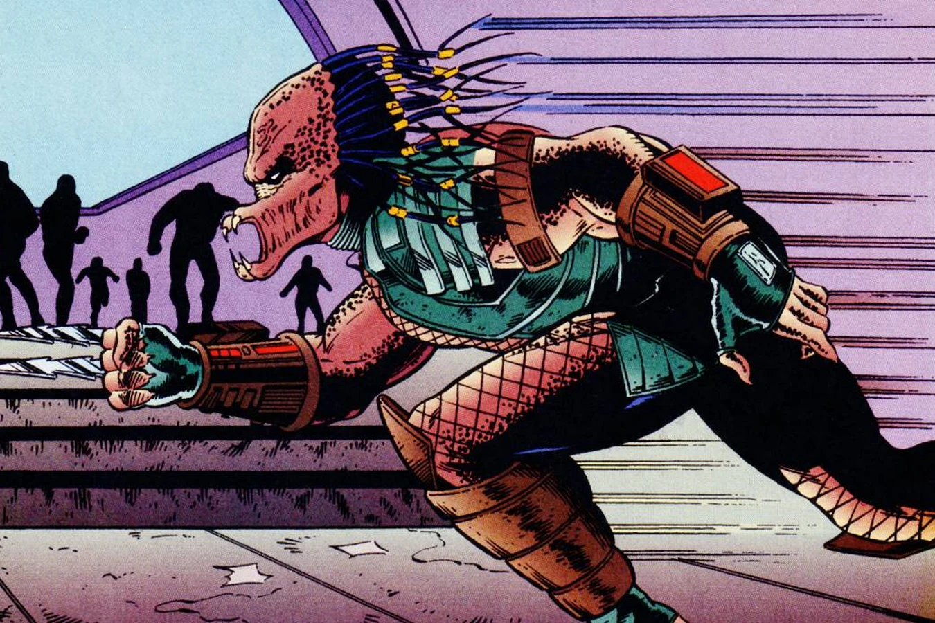 The Predator advancing on Law with its blades out as a crowd gathers on the university grounds in Agents of Law #6