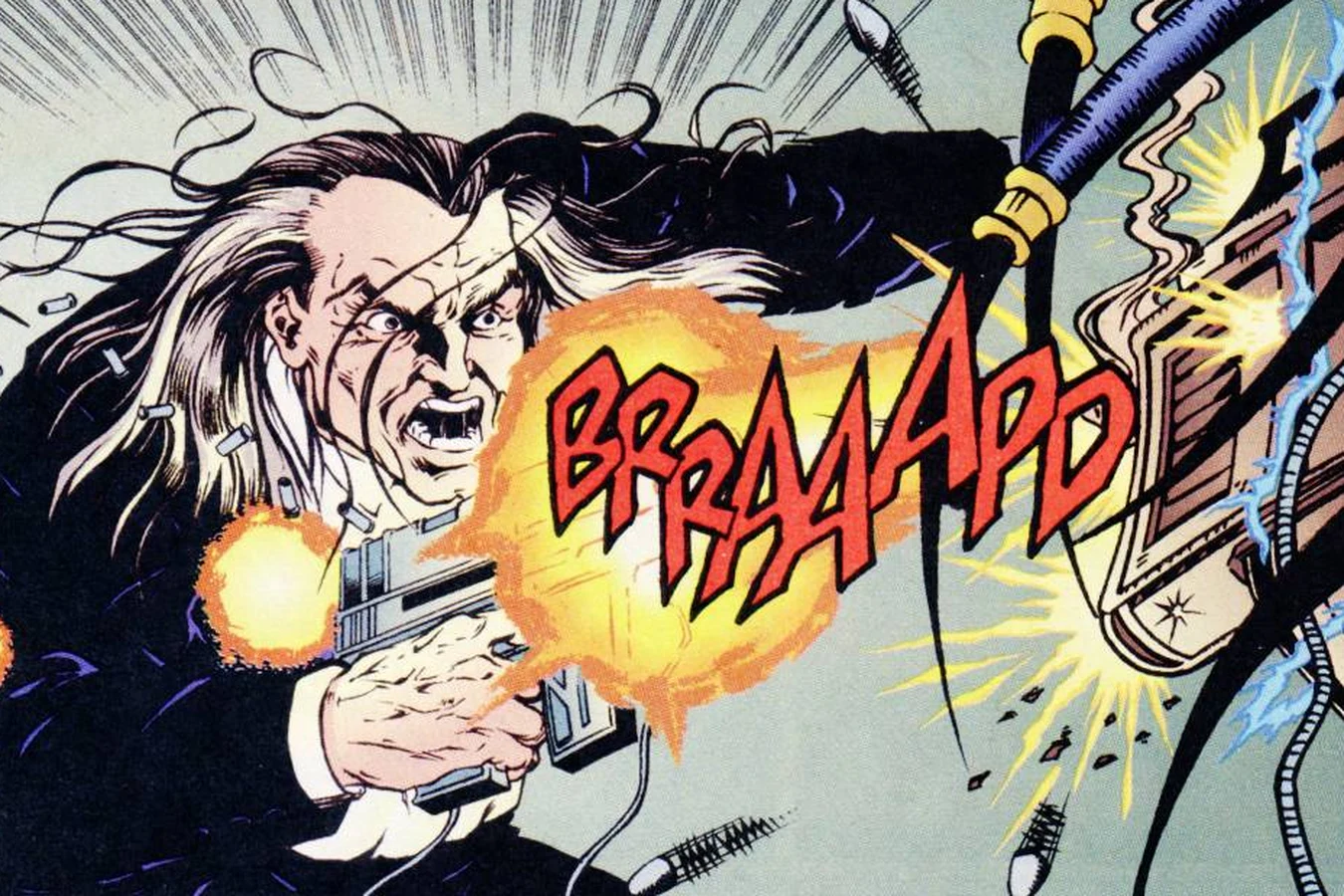 Law firing a submachine gun into the Predator's arm gear before the six-story fall in Agents of Law #6