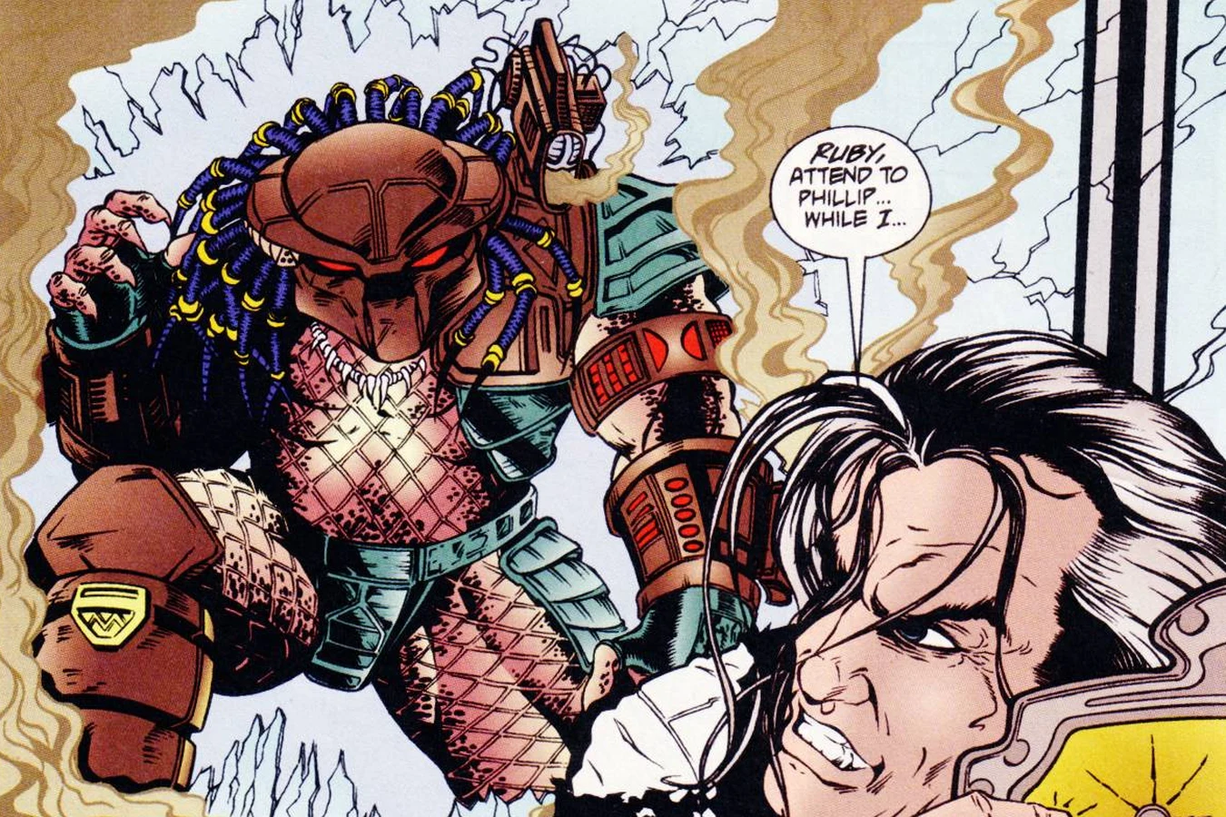 The Predator seizing Law in the burning Citadel Tower dining room in Agents of Law #6