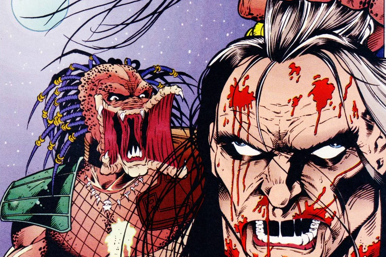 The Predator holding up Law's severed head and spine under the full moon in Agents of Law #6