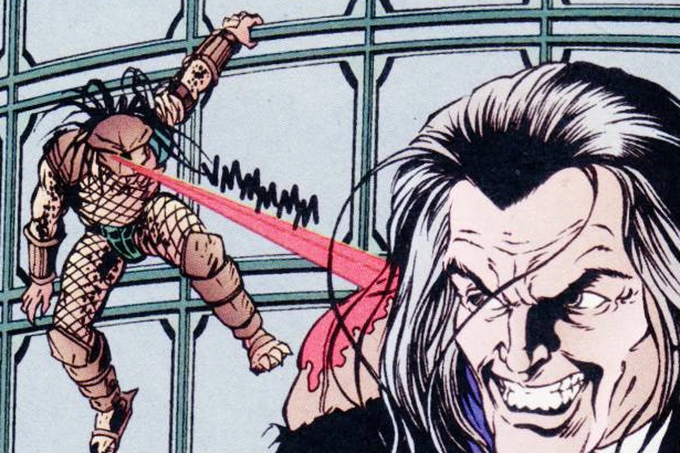 The Predator's laser sight hitting Law's face in the glass atrium of the Citadel Tower in Agents of Law #6