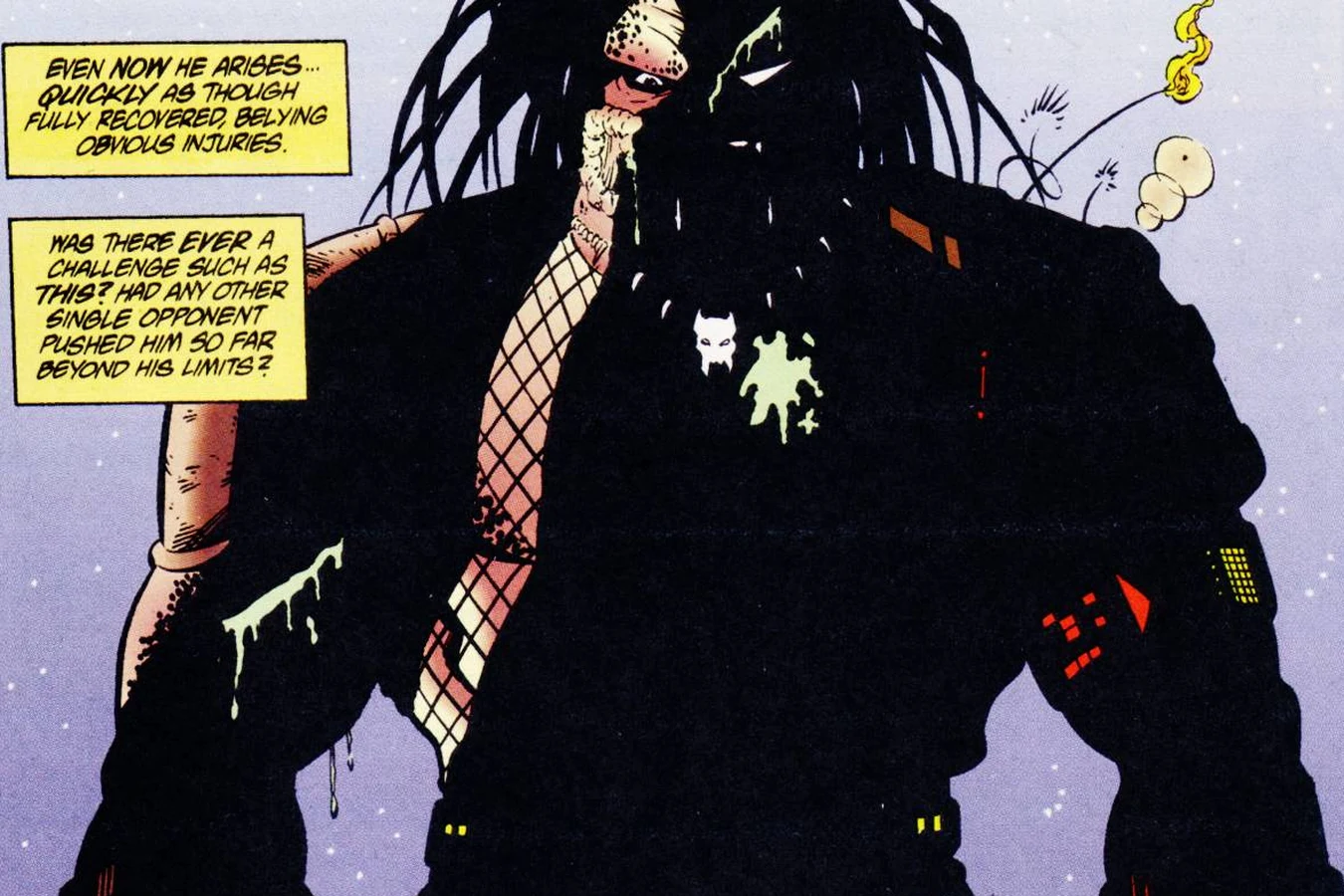 The wounded Predator, streaked with green blood, standing over Law after the fall from the Citadel in Agents of Law #6