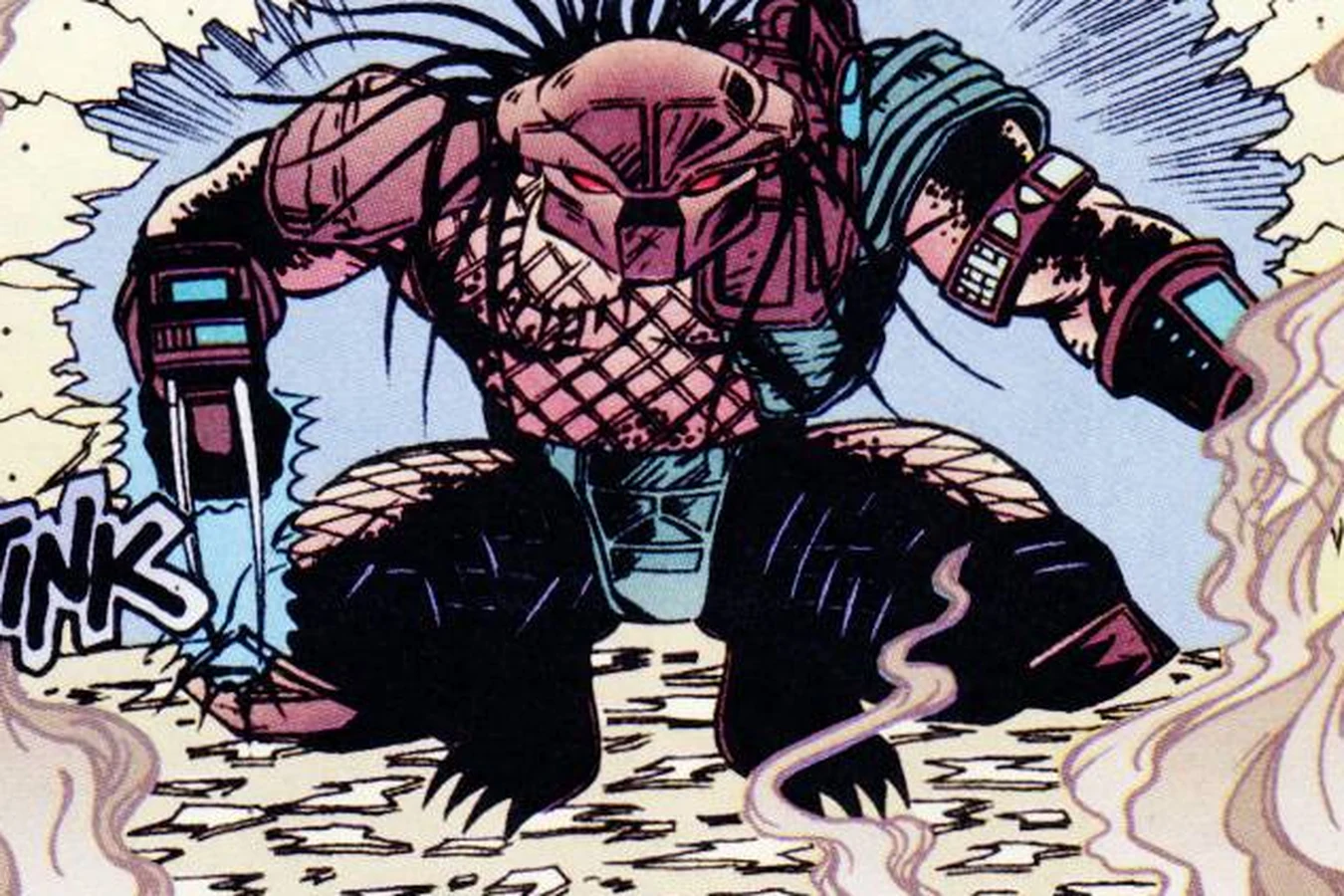 The Predator crouching in the smoke of the sixth-floor office with its wristblades extended in Agents of Law #6