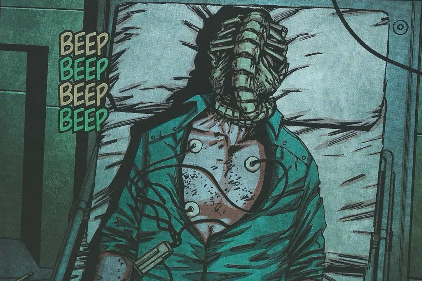 Anesidora crewman Meeks lies in a hospital bed with a facehugger attached