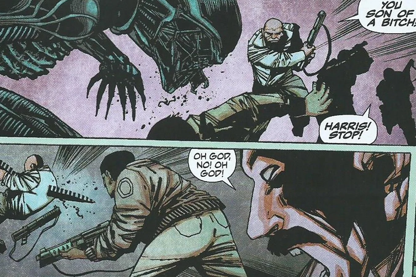 Harris charges the Xenomorph and is killed by its tail on Sevastopol Station