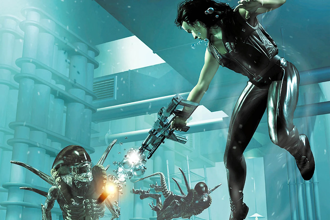 Promotional art of Ripley 8 firing on swimming Xenomorphs for the Alien: Resurrection PlayStation game