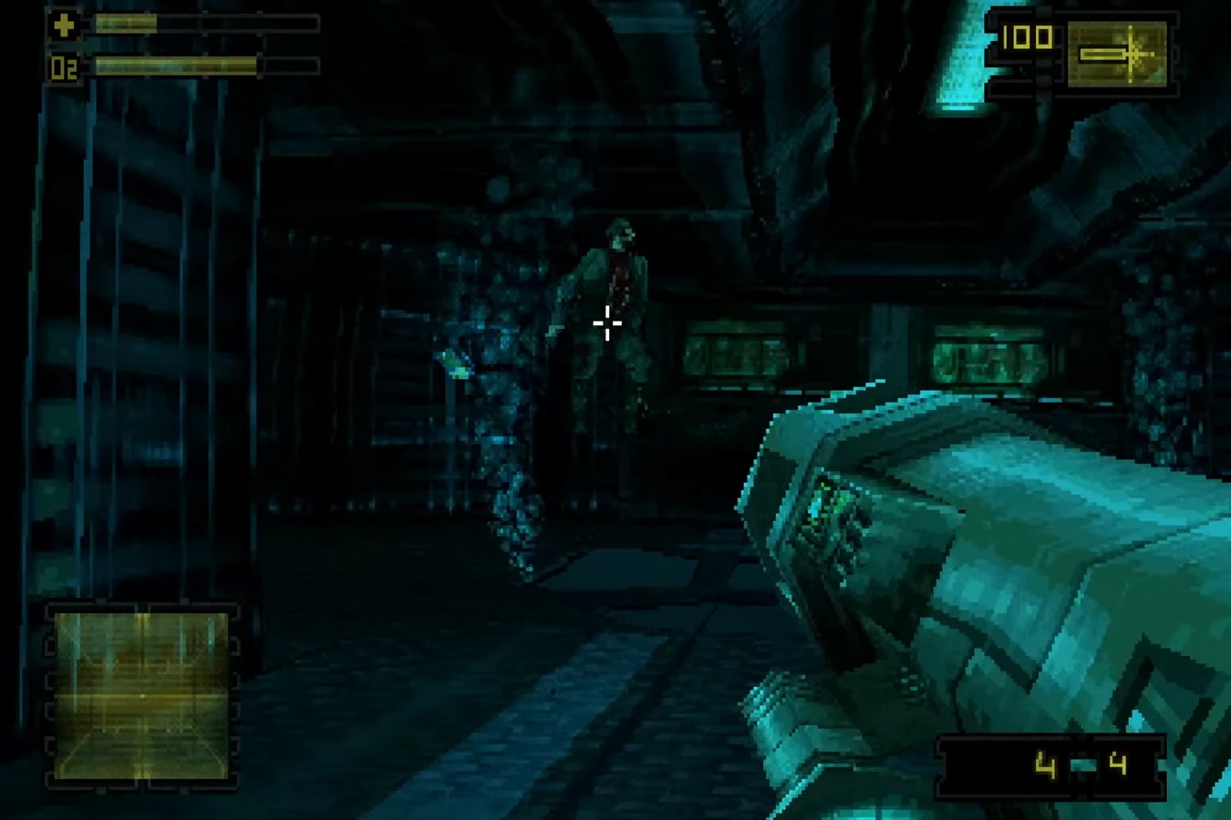 A United Systems Military soldier in a dark Auriga corridor in the Alien: Resurrection PlayStation game