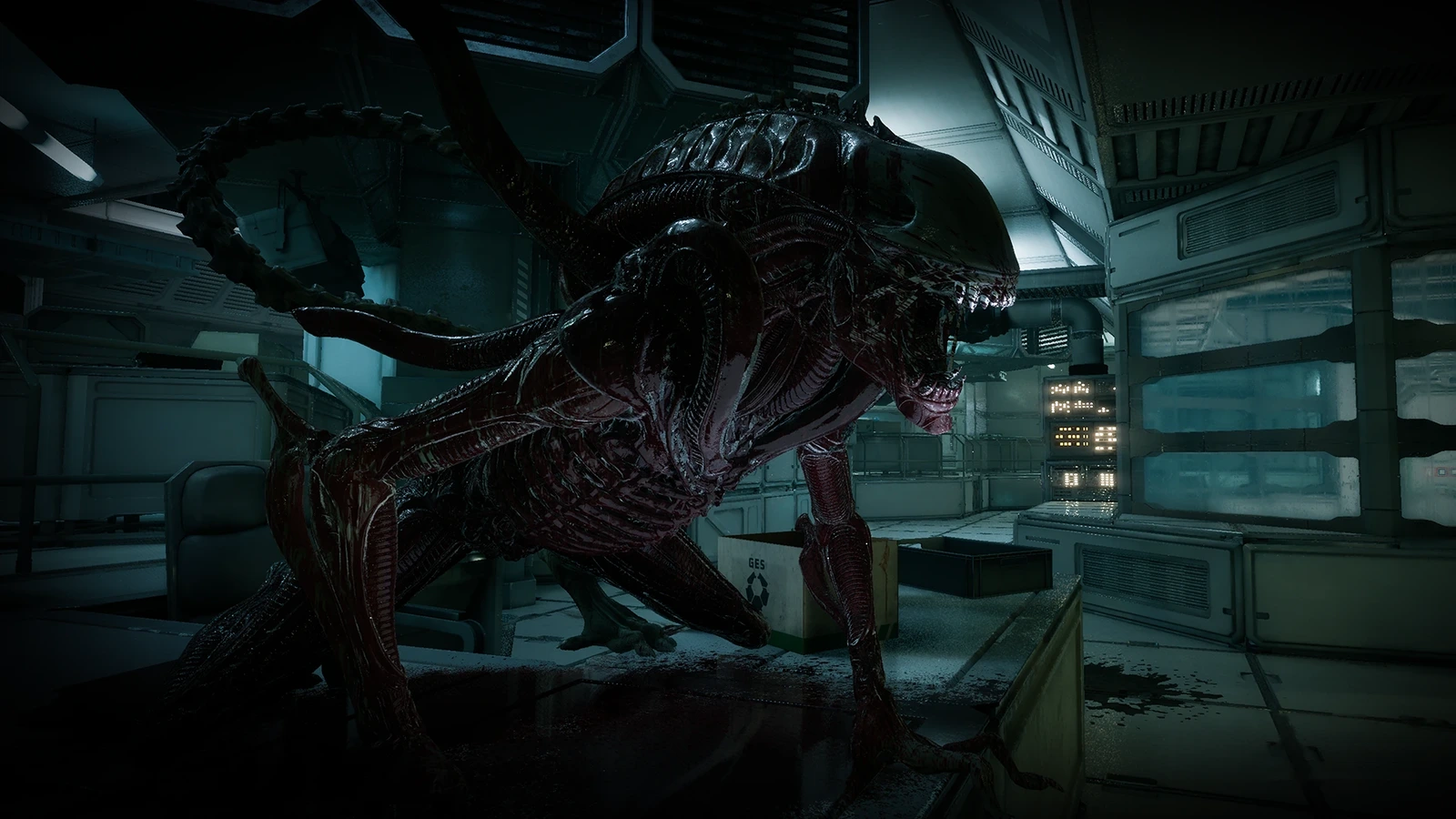 A blood-streaked Xenomorph crouching in a dark corridor in Alien: Rogue Incursion Evolved Edition