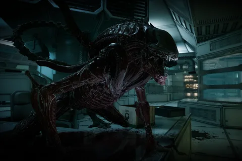 A blood-streaked Xenomorph crouching in a dark corridor in Alien: Rogue Incursion Evolved Edition
