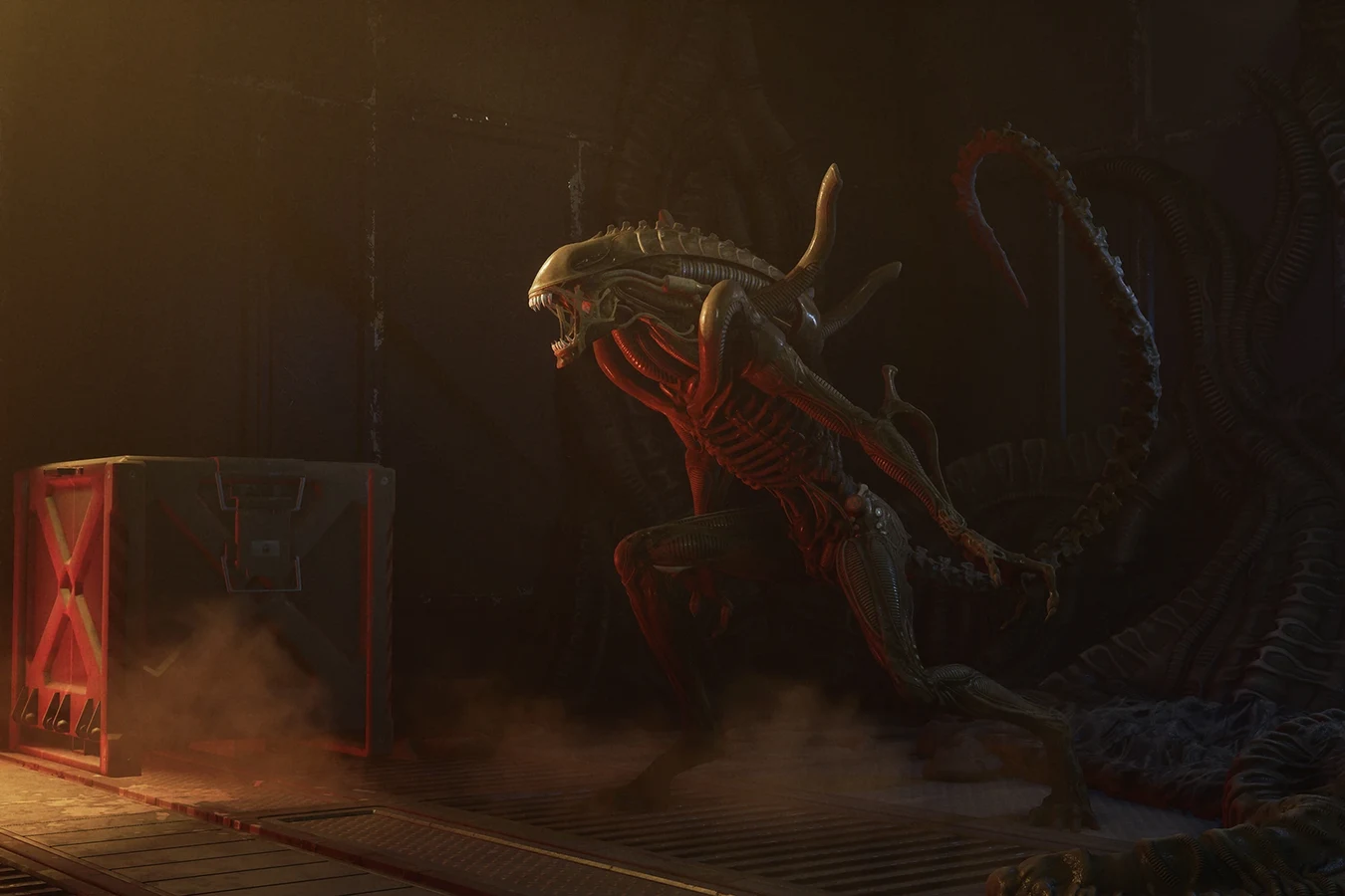 A Xenomorph stalking through a smoky loading dock in Alien: Rogue Incursion Evolved Edition