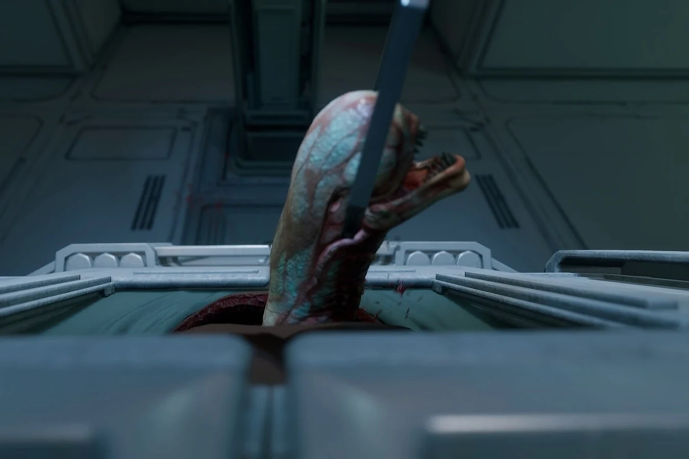 A medpod arm lifting the dead Chestburster embryo out of Zula Hendricks in Alien: Rogue Incursion