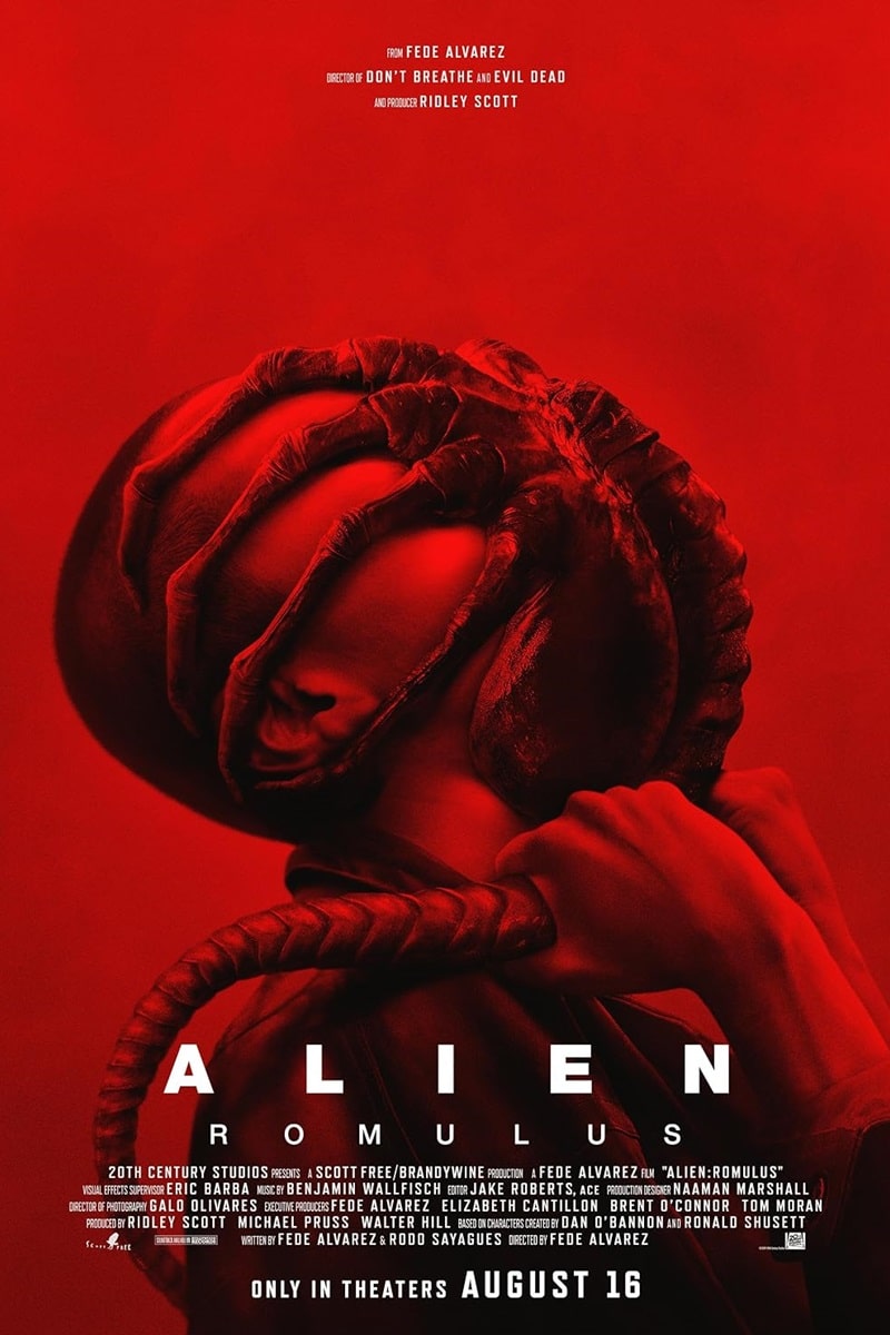 Alien: Romulus movie poster featuring a terrified woman and a facehugger