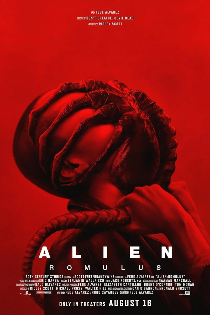 Alien: Romulus movie poster featuring a terrified woman and a facehugger