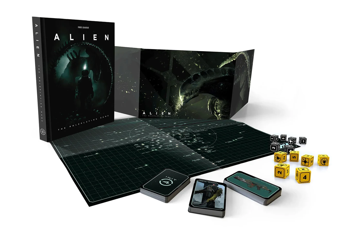 Alien RPG core rulebook with Game Mother screen, star map, custom dice, and cards