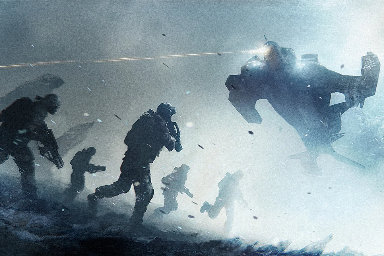 Colonial Marines running toward a UD-4 Cheyenne dropship in snow and floodlights