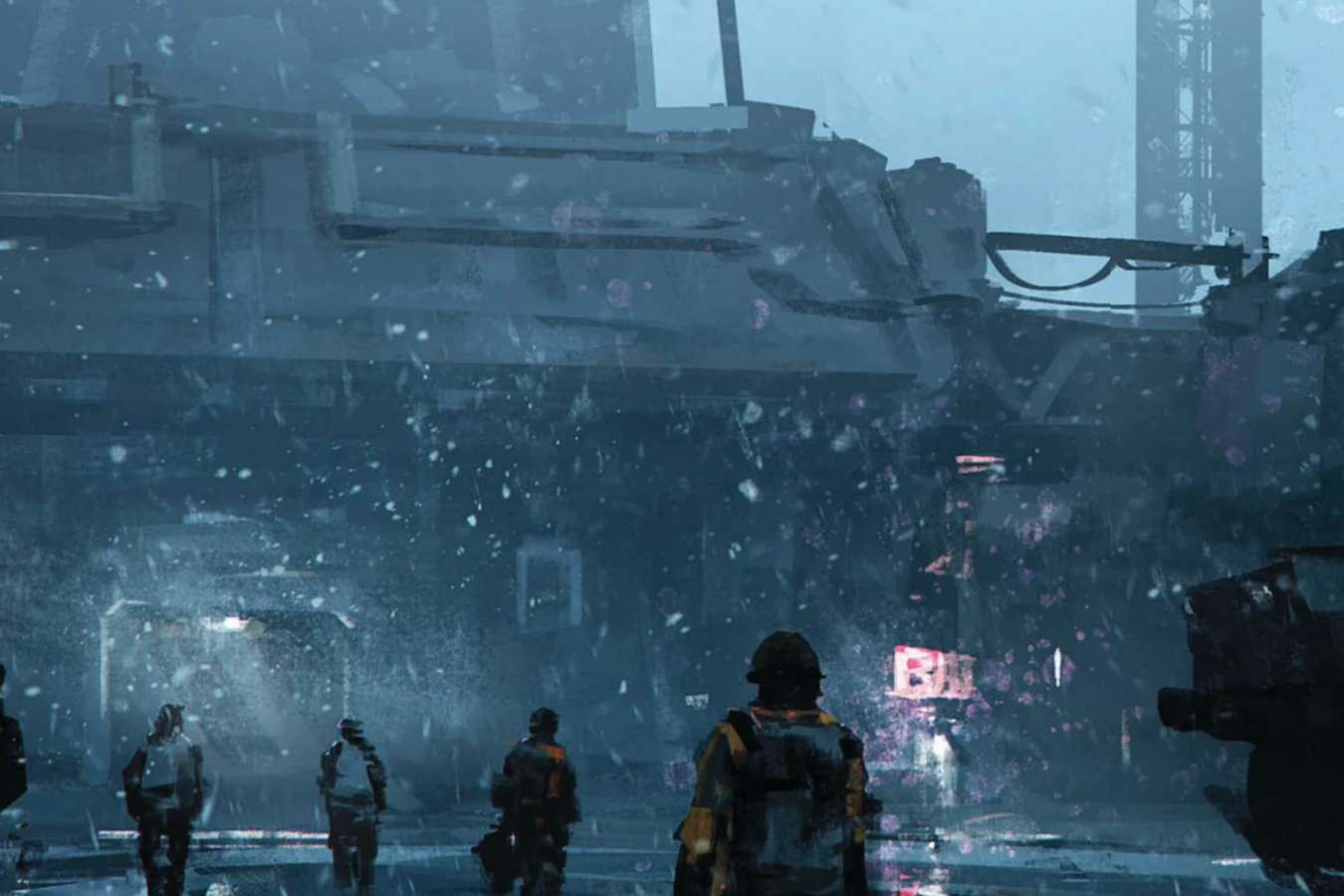 Four colonists in heavy kit approaching a Frontier industrial complex through snow