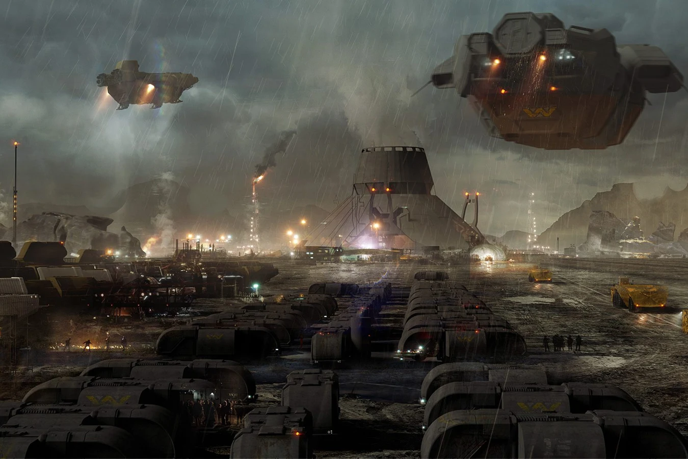 Jackson's Star mining colony in rain with Weyland-Yutani habs, processors, and cargo lifters