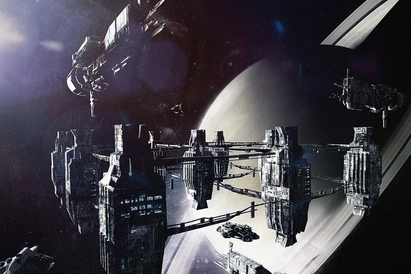 Seegson-style orbital station above a ringed gas giant with freighters inbound