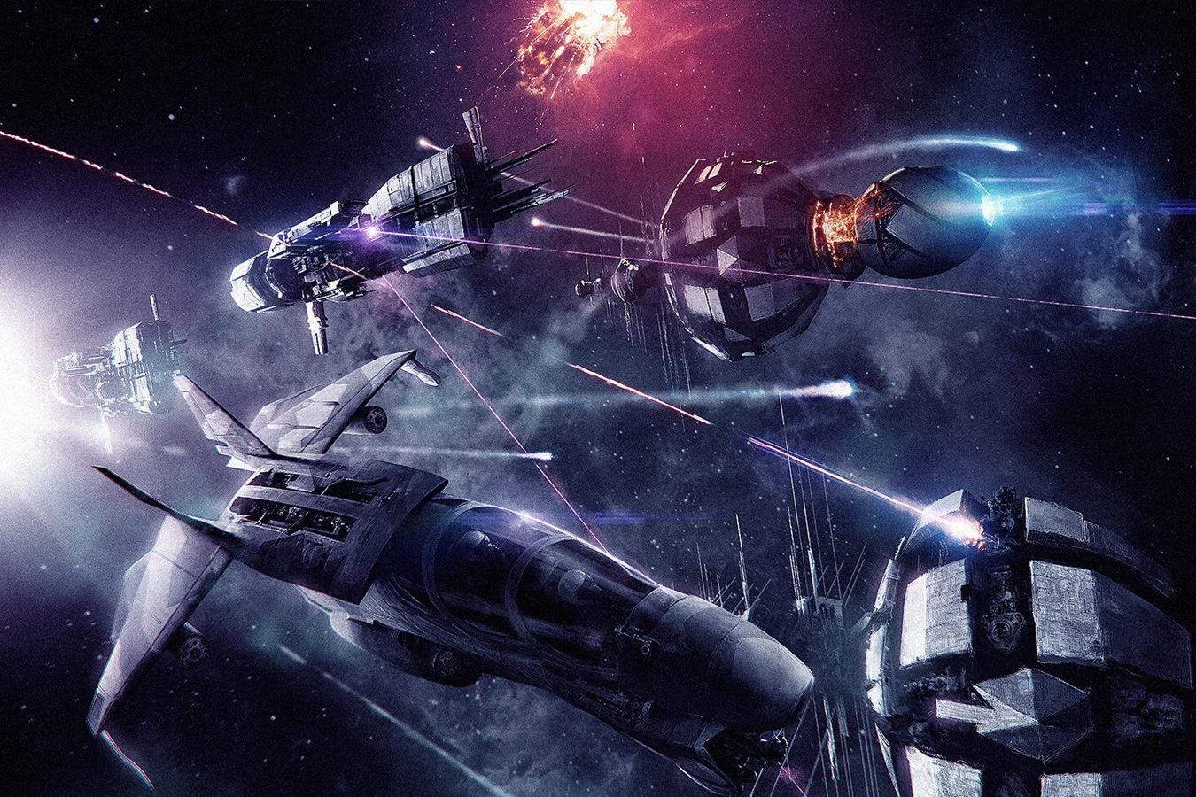 Fleet action with frigates, spherical stations, and missile tracks in Alien RPG space combat