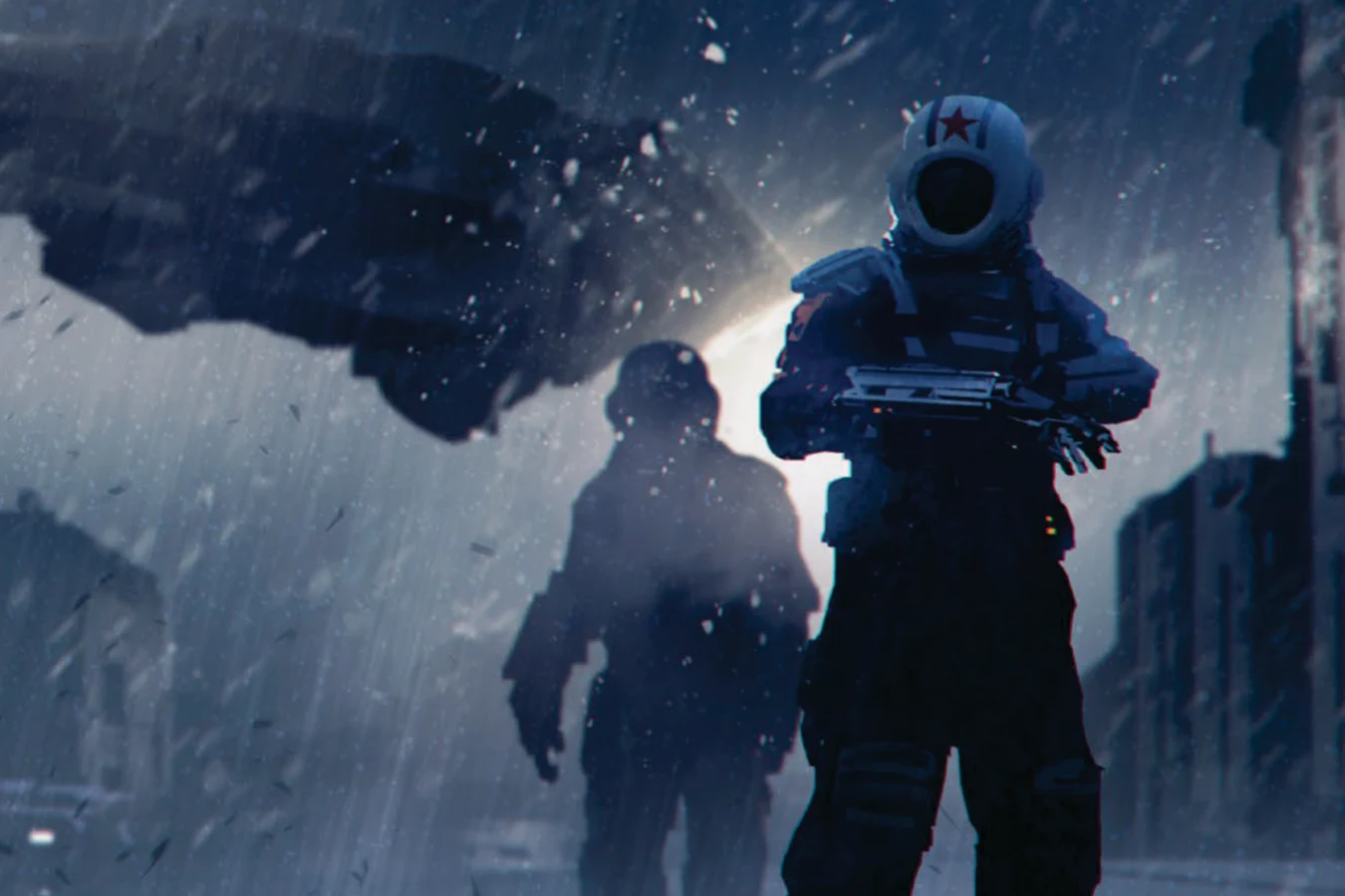 Union of Progressive Peoples trooper in a white helmet with a red star during a snow landing