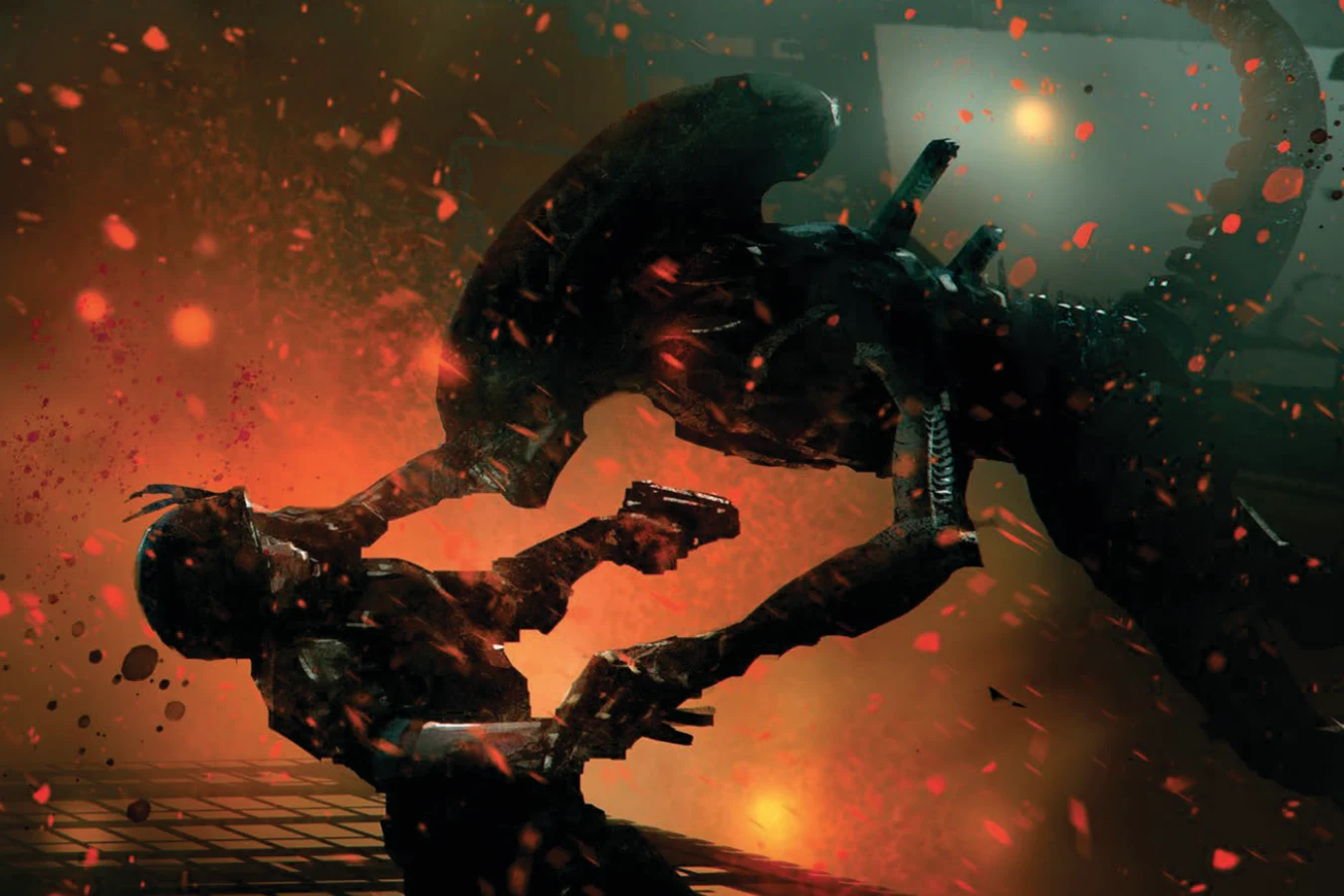 Adult Xenomorph lunging at an armed survivor on an industrial grate