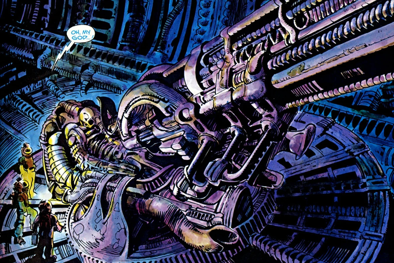 Dallas, Kane, and Lambert beside the fossilized pilot in Alien: The Illustrated Story