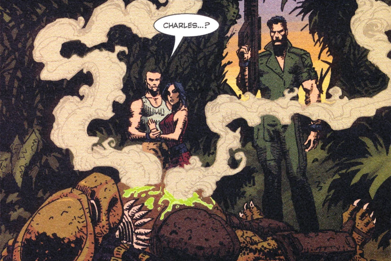 Charles Burroughs standing over the dying hunter while Shane and Jill watch