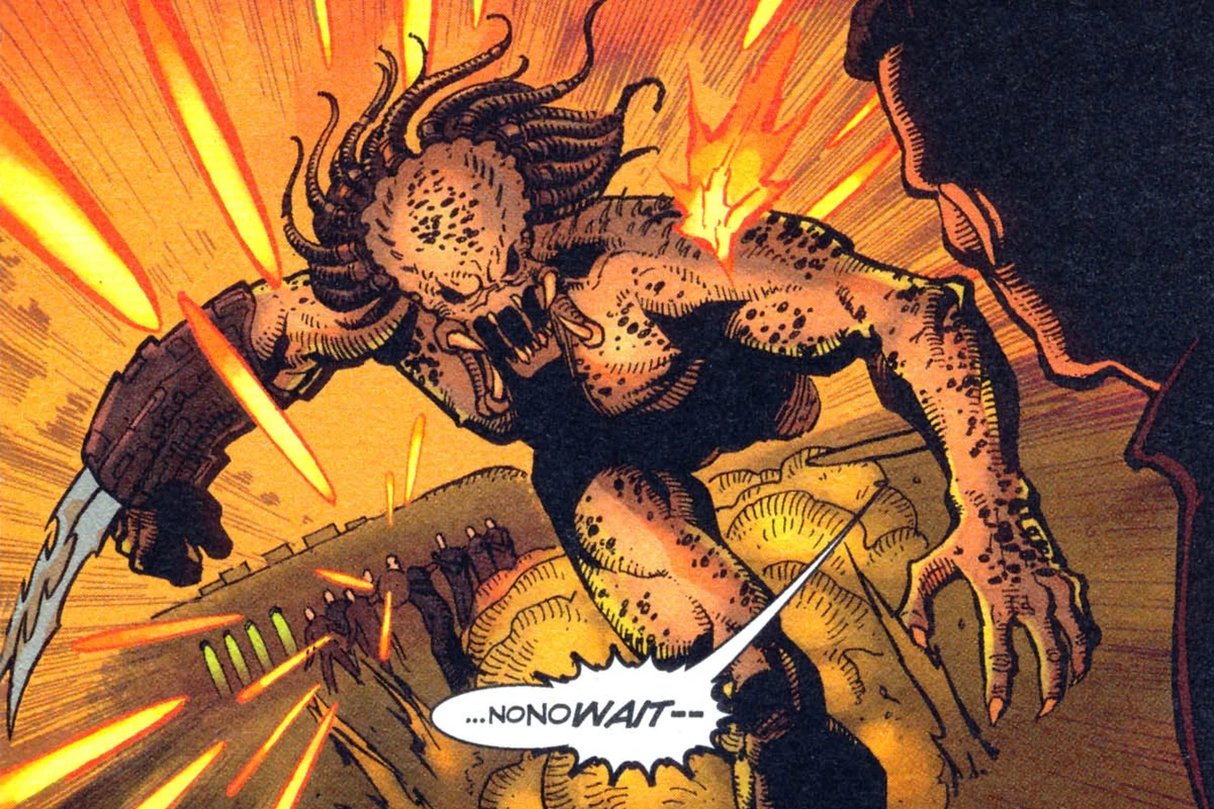 The unmasked Yautja hunter breaking out of the holding room