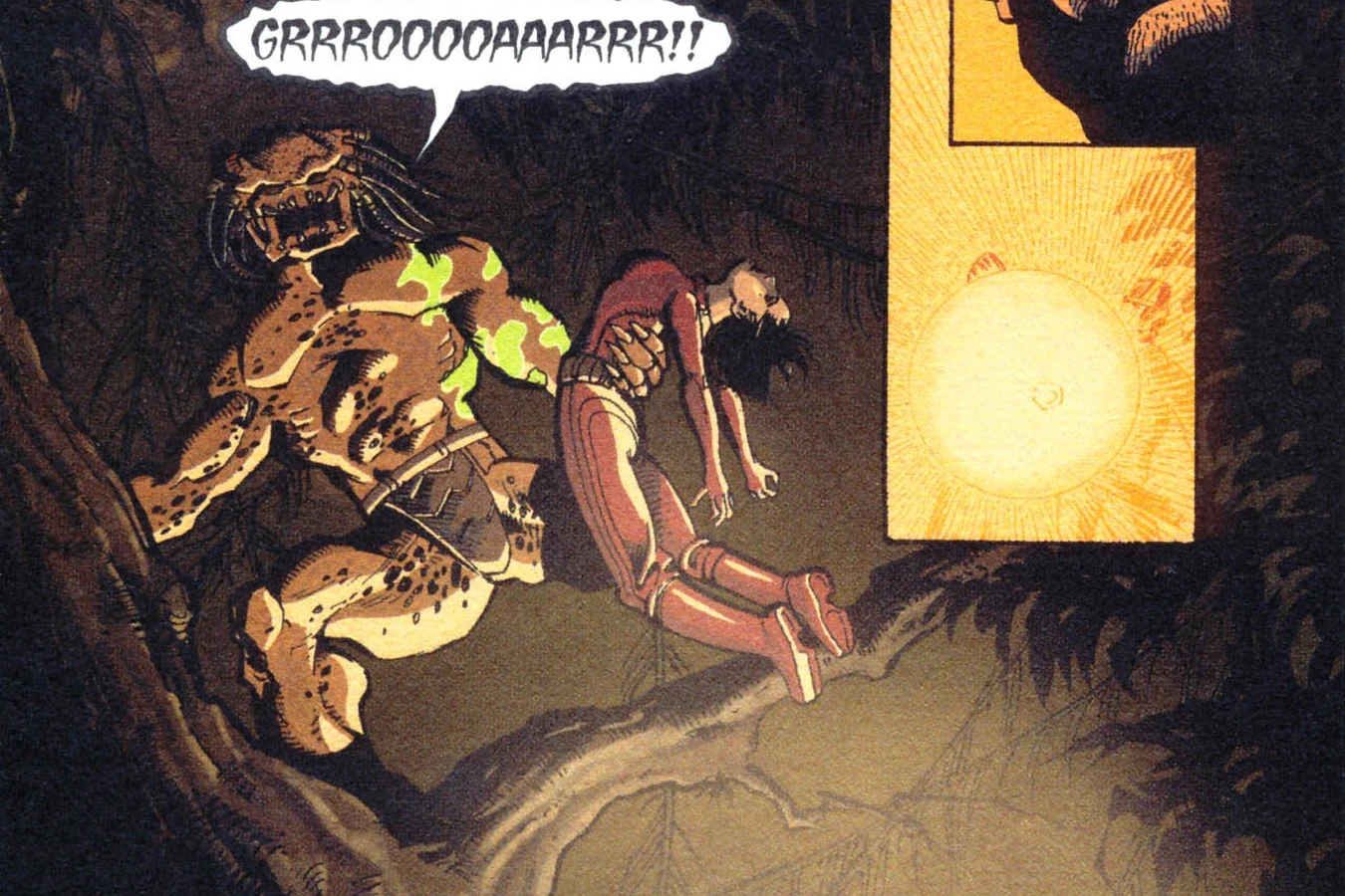 The Yautja hunter carrying a hostage through the jungle