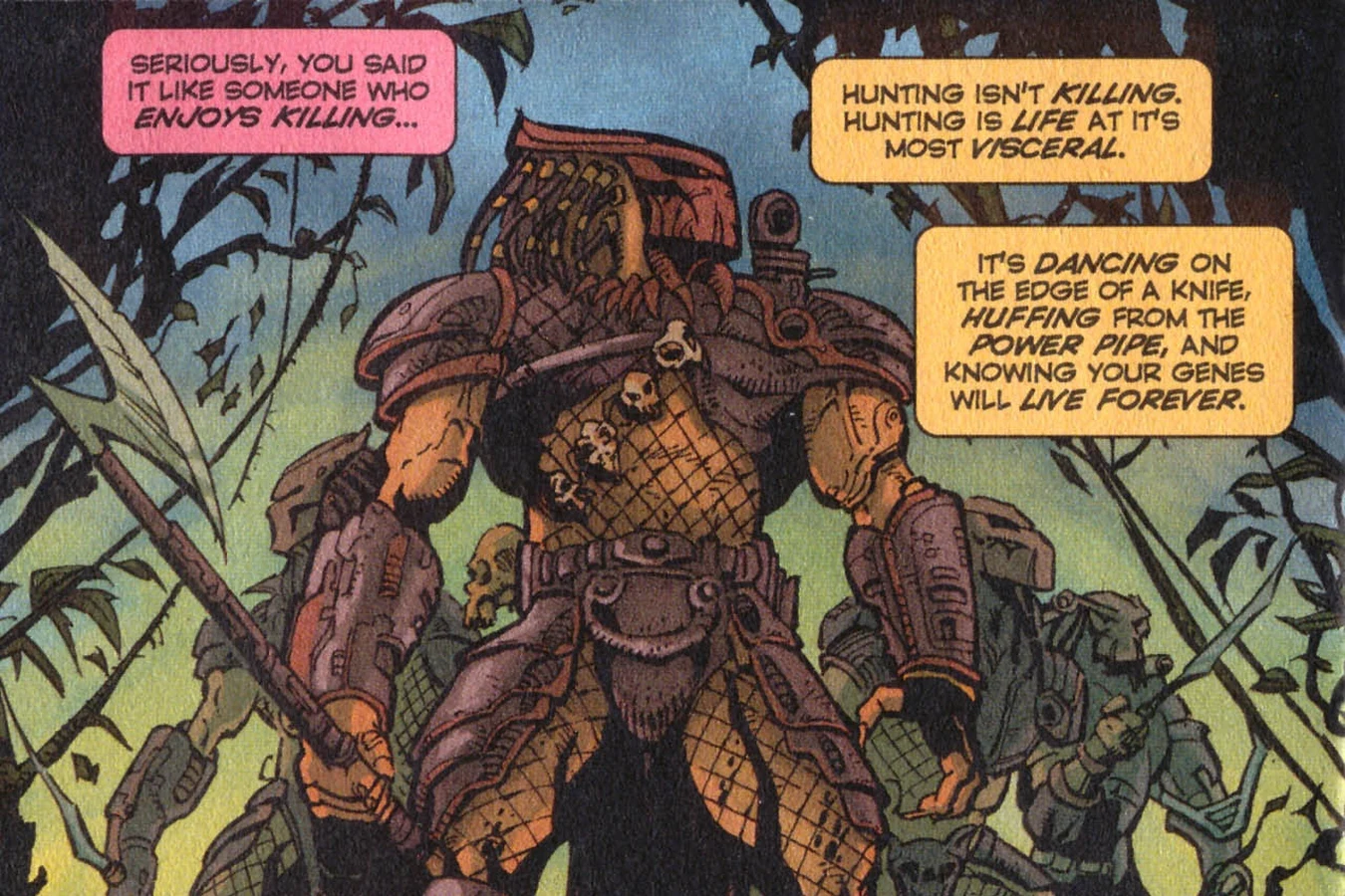 Yautja hunters in the jungle, the lead hunter carrying a spear and a net of skulls