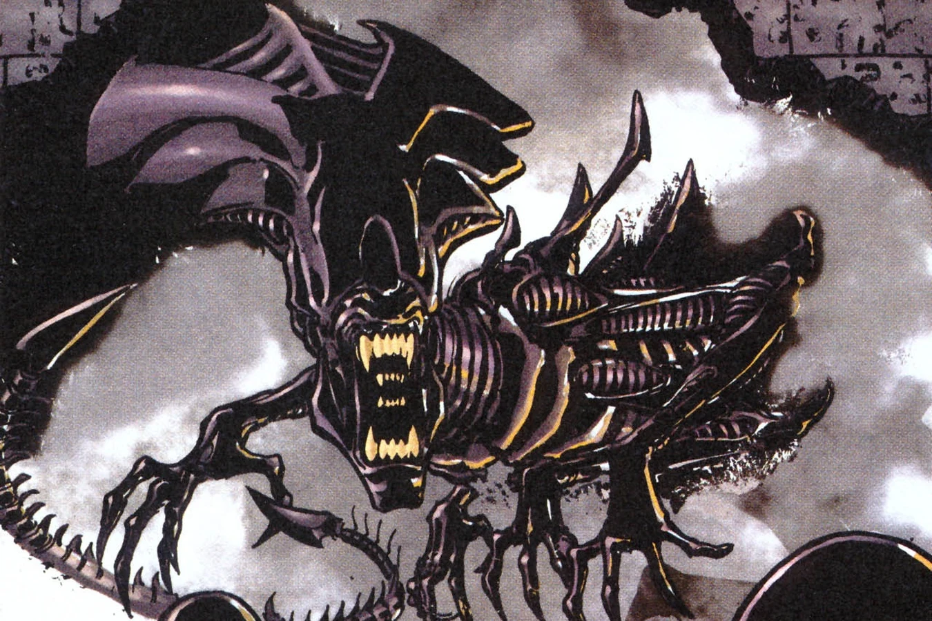 The Xenomorph Queen coming through a broken wall inside the temple