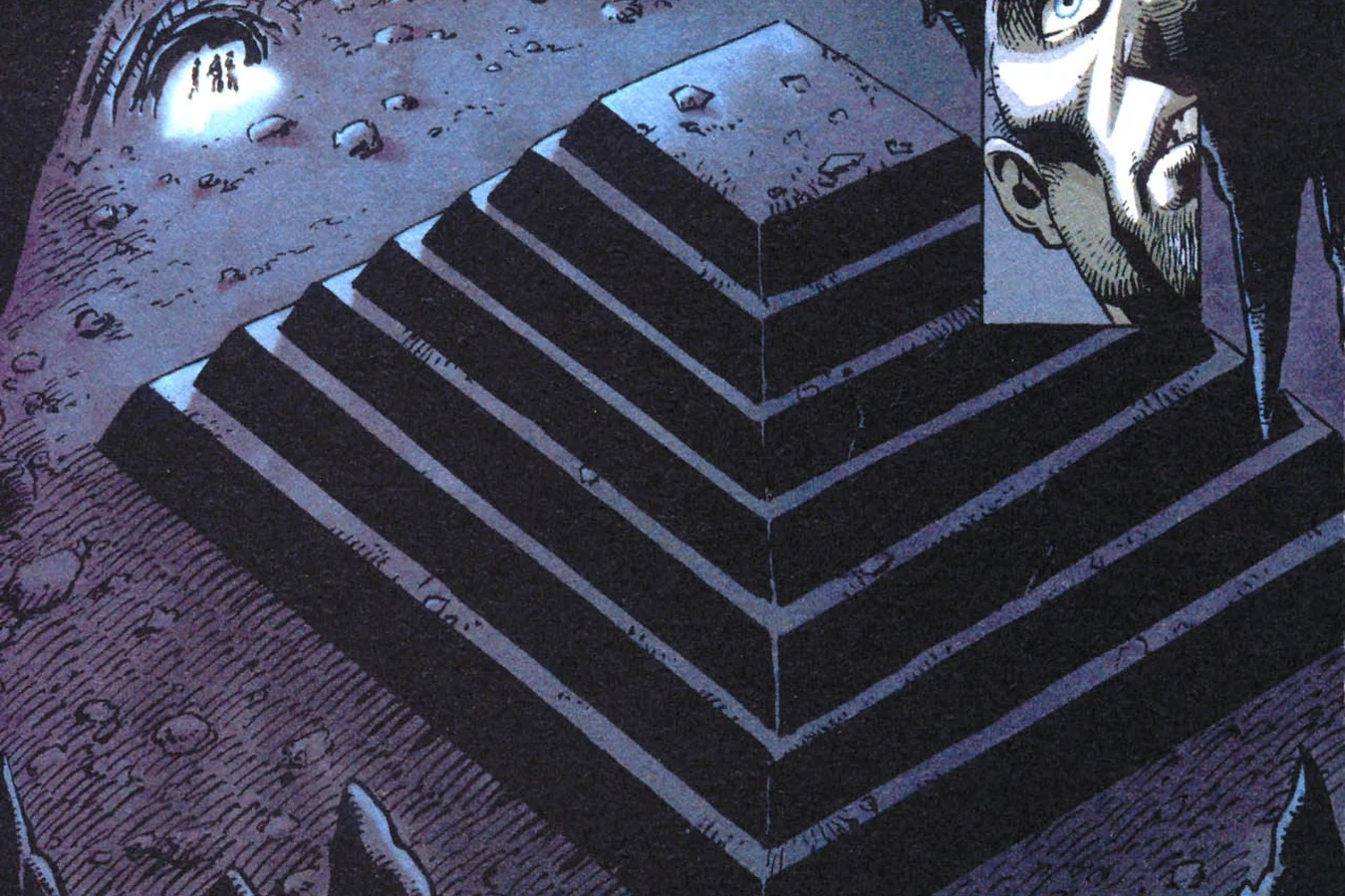 A stepped pyramid in the rock, with figures in a lit opening above it