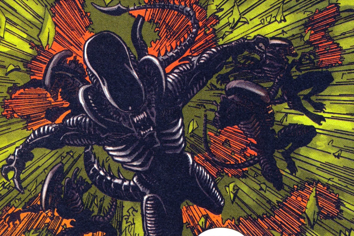 Adult Xenomorphs bursting through the jungle around the hunting party