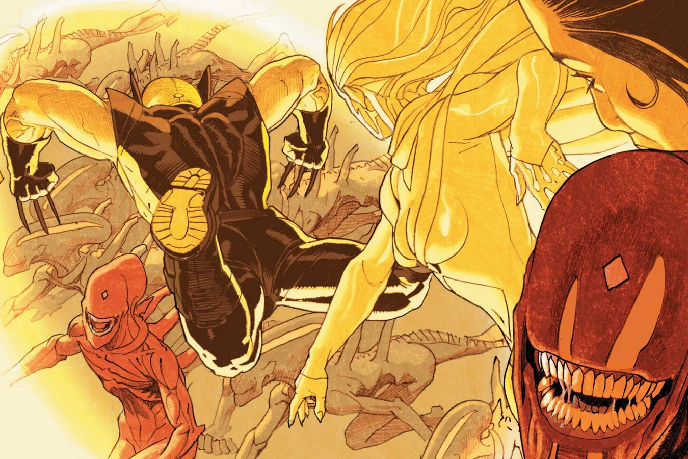 Wolverine and the Avengers fighting Xenomorphs on Mars in Aliens vs. Avengers
